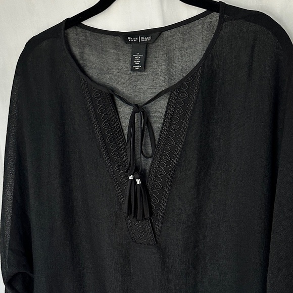 3/$20 💥 WHBM Sheer Black Blouse Embroidered V-Neck w/ Tassels - Picture 6 of 17